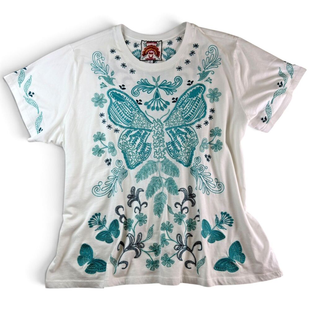 johnny was los angeles butterfly floral embroidered white cotton tee xxl top